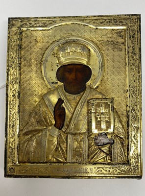 Lot 36 - A RUSSIAN ICON OF SAINT NICHOLAS THE WONDERWORKER WITH SILVER-GILT OKLAD, IVAN TARABROV, MOSCOW, LATE 19TH CENTURY