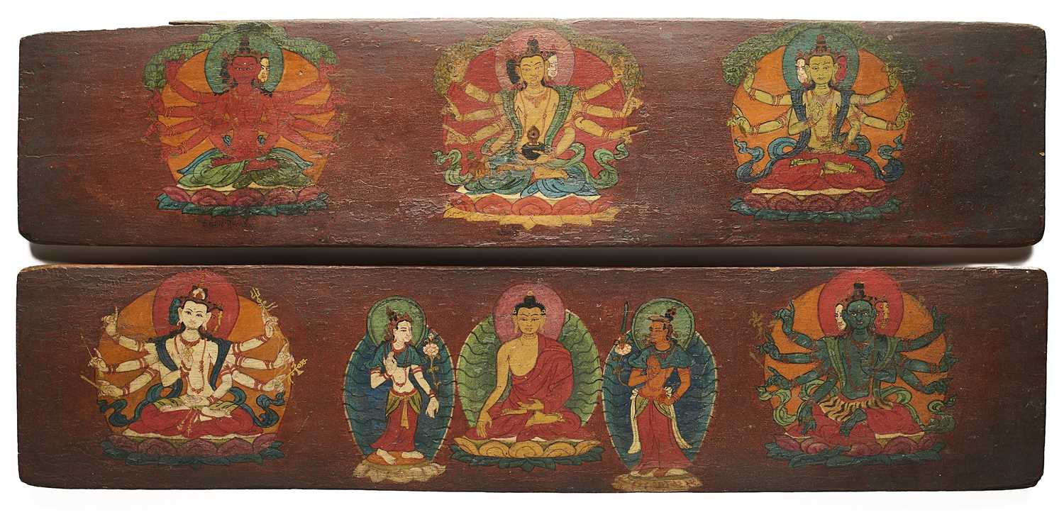 Lot 170 - A PAIR OF PAINTED WOOD BOOKCOVERS, TIBET, 15TH/16TH CENTURY