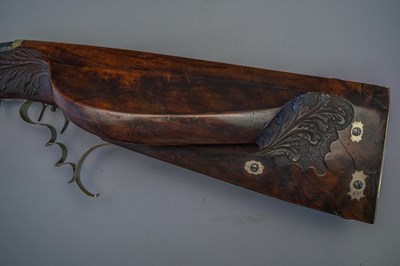 Lot 253 - A 130 BORE BAVARIAN BREECH-LOADING AIR GUN OF BELLOWS TYPE BY F. FACKLER IN AICHACH, MID-19TH CENTURY