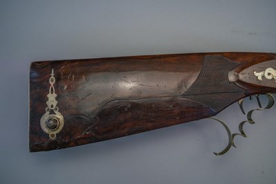 Lot 253 - A 130 BORE BAVARIAN BREECH-LOADING AIR GUN OF BELLOWS TYPE BY F. FACKLER IN AICHACH, MID-19TH CENTURY