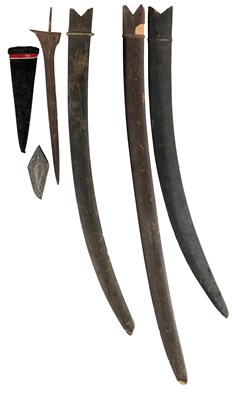 Lot 26 - A DETACHED BLADE FROM A MALAYSIAN DAGGER (KRIS), AN INDIAN SILVER CHAPE FROM A SCABBARD, A KATAR SCABBARD AND SEVEN ASIAN SWORD SCABBARDS, 19TH/EARLY 20TH CENTURIES