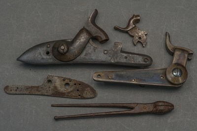Lot 165 - A DETACHED PERCUSSION LOCK, STARR ARMS CO, YONKERS N.Y., AND FURTHER ELEMENTS OF PERCUSSION LOCKS, CIRCA 1850-80