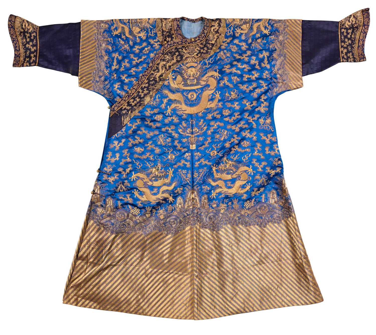 Lot 70 - A CHINESE EMBROIDERED SILK ‘NINE DRAGON’ ROBE, JIFU, LATE QING DYNASTY, CIRCA 1900