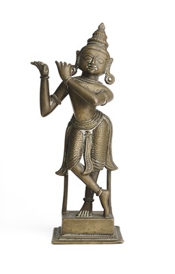 Lot 228 - A BRONZE FIGURE OF KRISHNA VENUGOPALA, GUJARAT, WESTERN INDIA, 18TH/19TH CENTURY