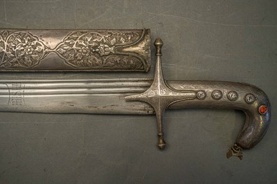 Lot 99 - AN ARAB SILVER-MOUNTED SHAMSHIR, 19TH CENTURY, PROBABLY SYRIA