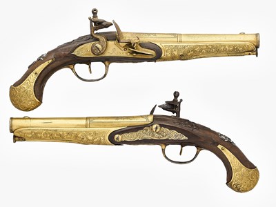 Lot 267 - A PAIR OF 20 BORE FRENCH FLINTLOCK PISTOLS FOR THE EASTERN MARKET BY ROYET, MID-18TH CENTURY, PROBABLY ST ETIENNE