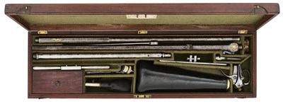 Lot 255 - A RARE CASED 50 BORE REPEATING BUTT RESERVOIR AIR RIFLE COMPLETE WITH AN ADDITIONAL 32 BORE BARREL FOR BALL OR SHOT BY STAUDENMAYER, CIRCA 1799