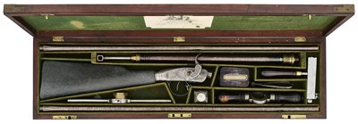 Lot 256 - A RARE CASED 60 BORE BUTT RESERVOIR AIR RIFLE COMPLETE WITH AN ADDITIONAL 32 BORE BARREL FOR BALL BY BLISSETT, LONDON, CIRCA 1840