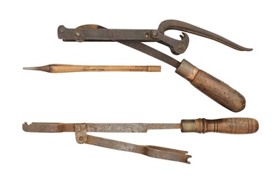 Lot 22 - TWO GOAT'S FOOT LEVERS FOR CROSSBOWS, 19TH CENTURY