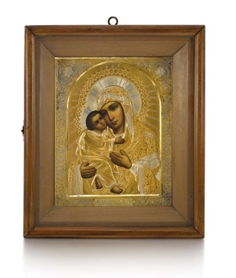 Lot 34 - A RUSSIAN ICON OF THE VLADIMIR MOTHER OF GOD WITH PARCEL-GILT-SILVER OKLAD, MAKER'S MARK GS, MOSCOW, 1908-17