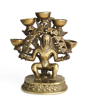 Lot 188 - A BRONZE TEMPLE LAMP, NEPAL, LATE 19TH CENTURY