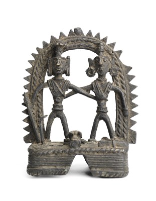 Lot 250 - A BRONZE SHRINE DEPICTING SIVA AND PARVATI, BASTAR, CENTRAL INDIA, CIRCA 1900