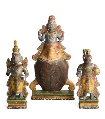 Lot 273 - THREE PAINTED WOOD FIGURES OF AVATARS OF VISHNU, TAMIL NADU, SOUTH INDIA, LATE 19TH CENTURY