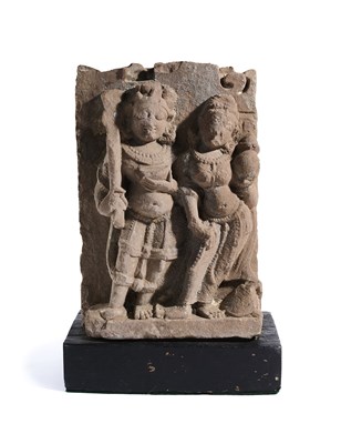 Lot 196 - A BUFF SANDSTONE FRAGMENTARY FROM A DOOR JAMB, CENTRAL INDIA, 11TH/12TH CENTURY