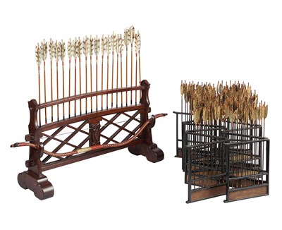 Lot 11 - A JAPANESE INDOOR ARCHERY SET AND A PAIR OF RACKED ARROWS FOR INDOOR USE, EARLY 20TH CENTURY.