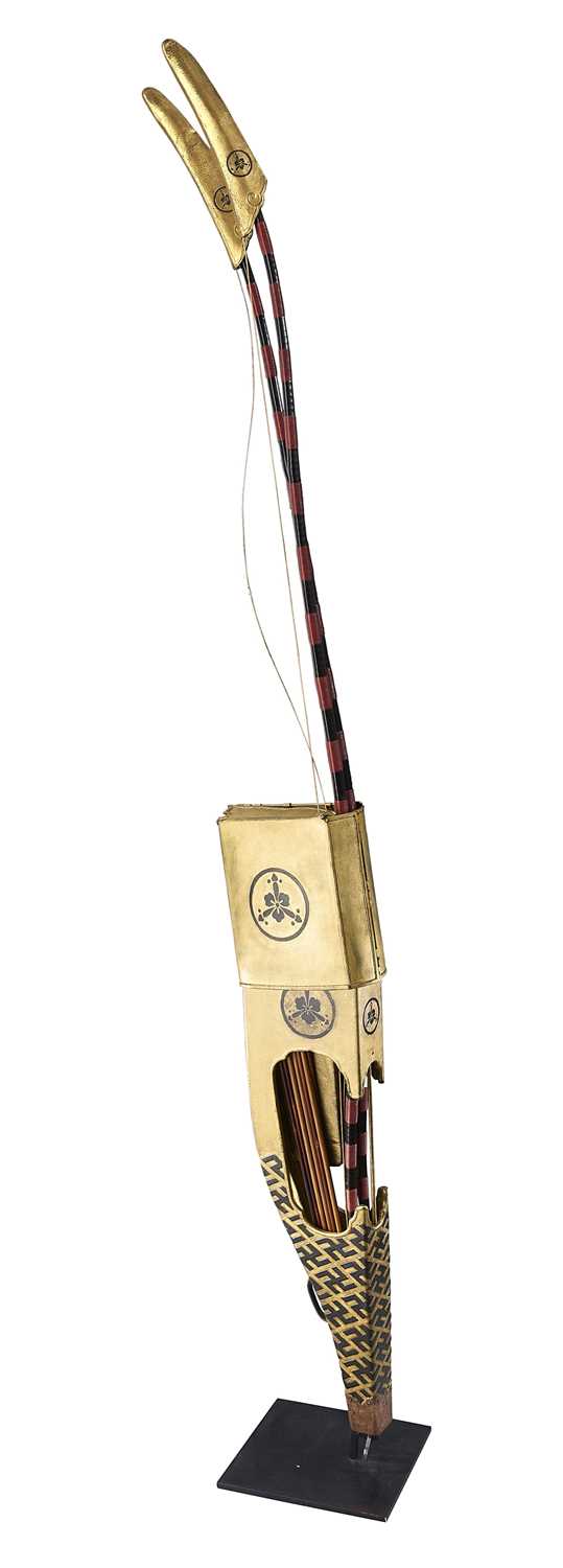 Lot 4 - A JAPANESE CASED ARCHERY SET COMPRISING A PAIR OF BOWS DATED 1839, QUIVERS, EIGHT ASSOCIATED ARROWS, EDO PERIOD, 19TH CENTURY