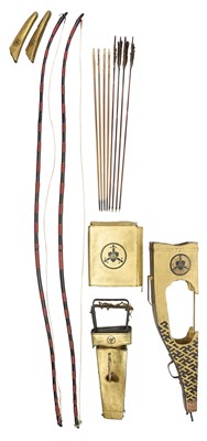 Lot 4 - A JAPANESE CASED ARCHERY SET COMPRISING A PAIR OF BOWS DATED 1839, QUIVERS, EIGHT ASSOCIATED ARROWS, EDO PERIOD, 19TH CENTURY