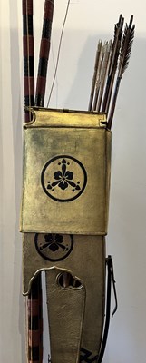 Lot 4 - A JAPANESE CASED ARCHERY SET COMPRISING A PAIR OF BOWS DATED 1839, QUIVERS, EIGHT ASSOCIATED ARROWS, EDO PERIOD, 19TH CENTURY