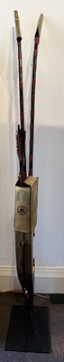 Lot 4 - A JAPANESE CASED ARCHERY SET COMPRISING A PAIR OF BOWS DATED 1839, QUIVERS, EIGHT ASSOCIATED ARROWS, EDO PERIOD, 19TH CENTURY