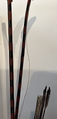Lot 4 - A JAPANESE CASED ARCHERY SET COMPRISING A PAIR OF BOWS DATED 1839, QUIVERS, EIGHT ASSOCIATED ARROWS, EDO PERIOD, 19TH CENTURY