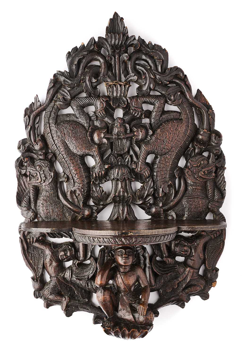 Lot 400 - AN ANGLO-BURMESE CARVED WOOD WALL BRACKET, CIRCA 1900