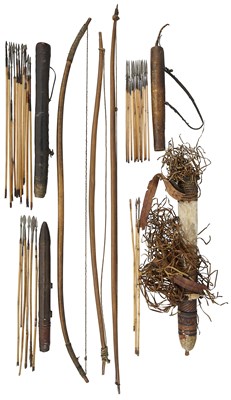 Lot 37 - A NORTH AFRICAN SELF BOW, PROBABLY SUDAN, LATE 19TH/20TH CENTURY, TWO FURTHER AFRICAN BOWS, FOUR QUIVERS AND A QUANTITY OF ARROWS, LATE 19TH/20TH CENTURIES