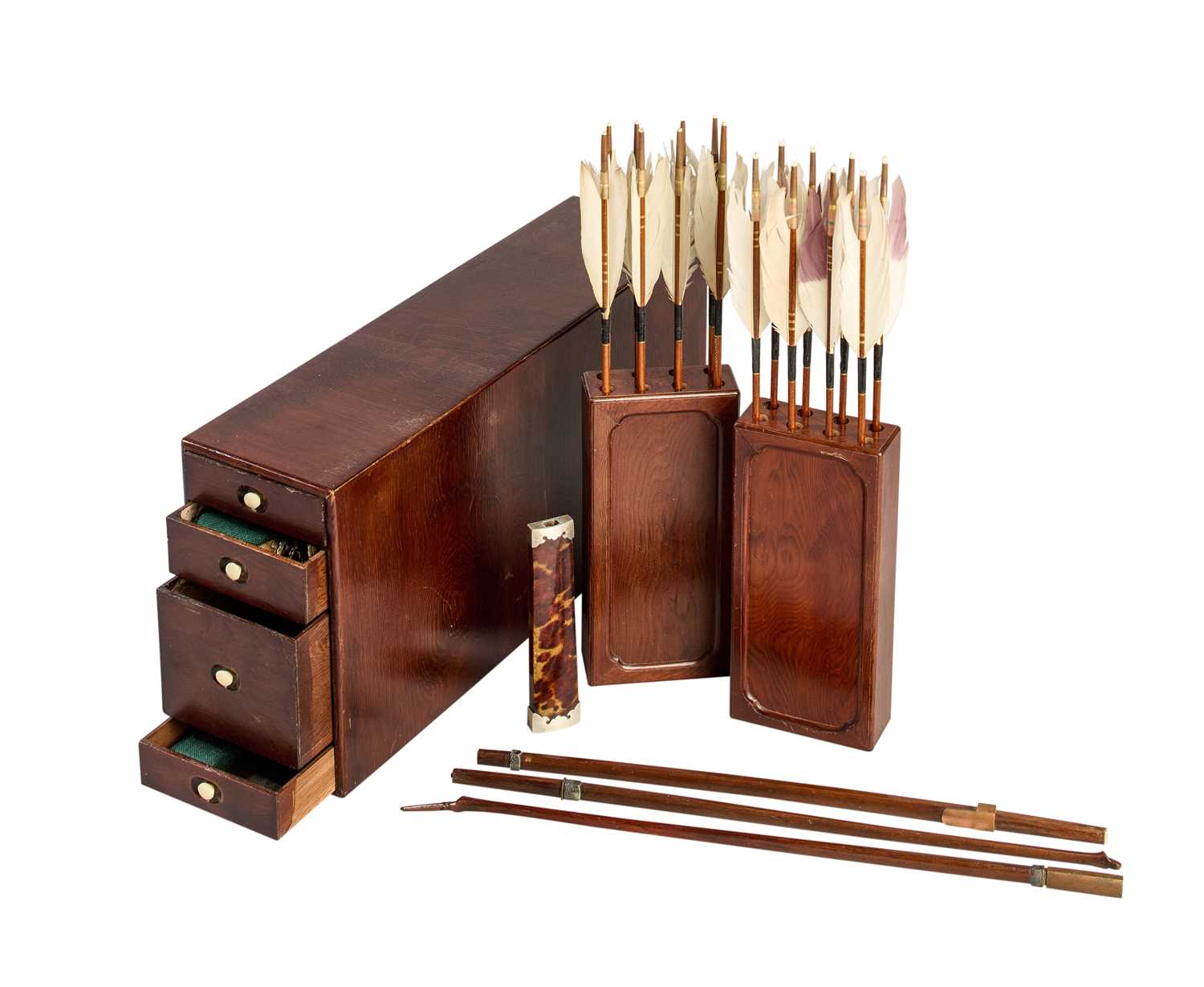 Lot 17 - A JAPANESE CASED INDOOR ARCHERY SET IN A SMALL CHEST OF SIX DRAWERS, LATE 19TH/EARLY 20TH CENTURY