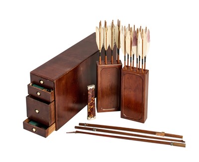 Lot 17 - A JAPANESE CASED INDOOR ARCHERY SET IN A SMALL CHEST OF SIX DRAWERS, LATE 19TH/EARLY 20TH CENTURY