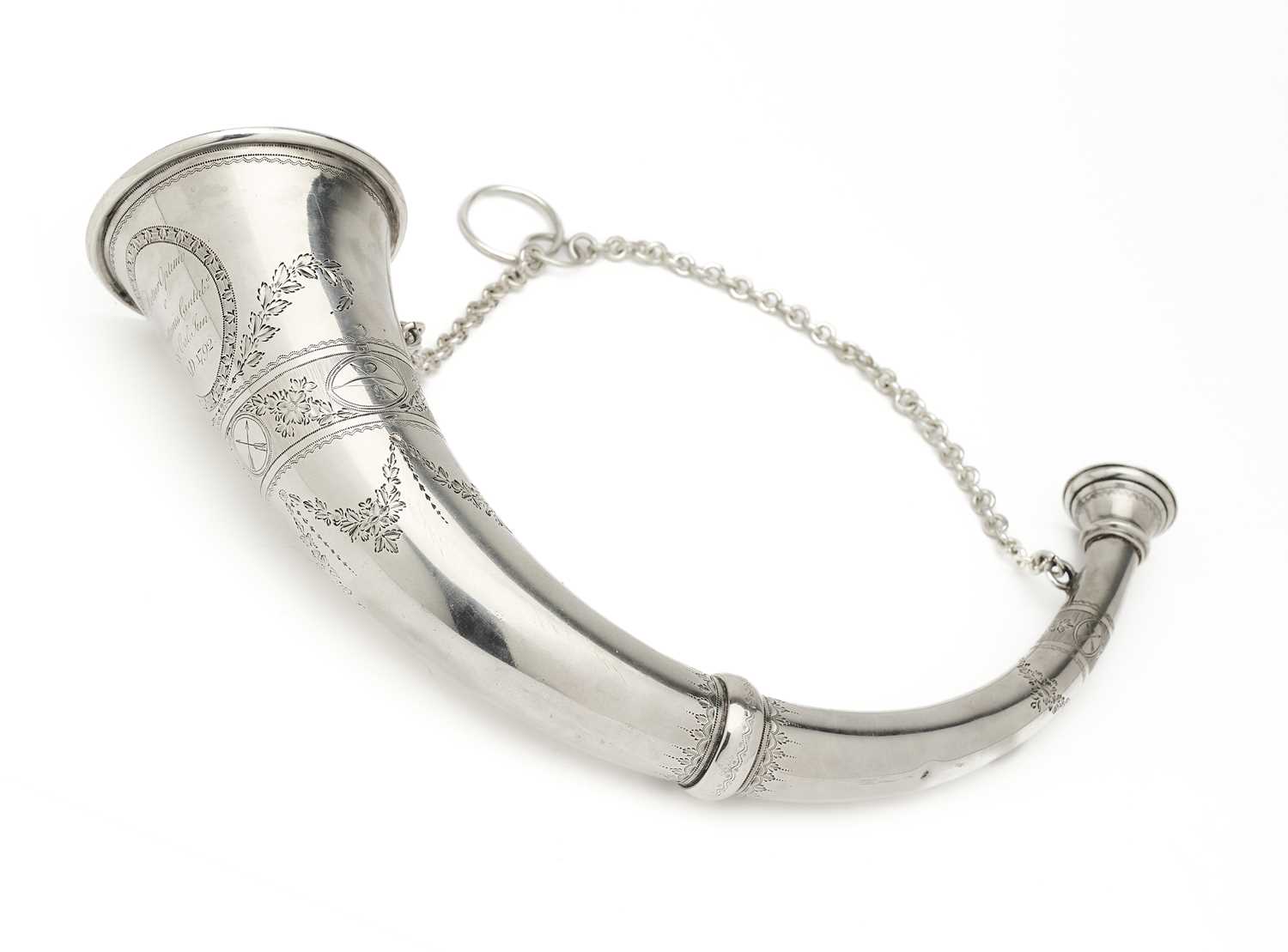 Lot 64 - A GEORGE III SILVER ARCHERY PRIZE HORN, MAKER’S MARK INDECIPHERABLE, LONDON, 1791