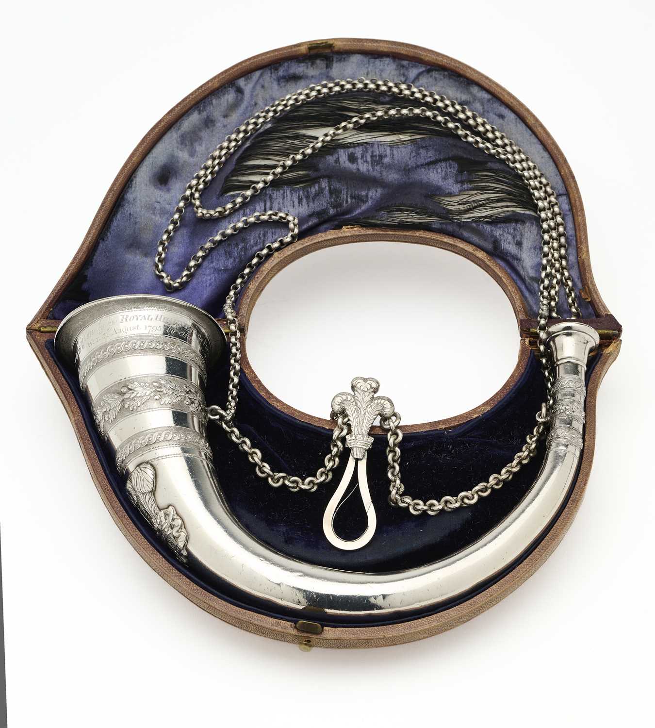 Lot 23 - A CASED ROYAL PRESENTATION GEORGE III SILVER ARCHERY PRIZE HORN, ROBERT NASH, LONDON, DATED 1795