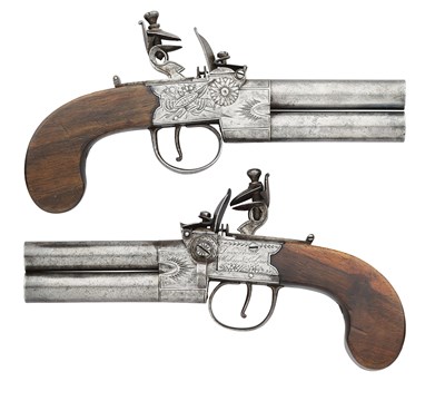 Lot 282 - A PAIR OF 50 BORE OVER-AND-UNDER FLINTLOCK TAP-ACTION PISTOLS BY DUNDERDALE, MABSON & LABRON, BIRMINGHAM PRIVATE PROOF MARKS, CIRCA 1810