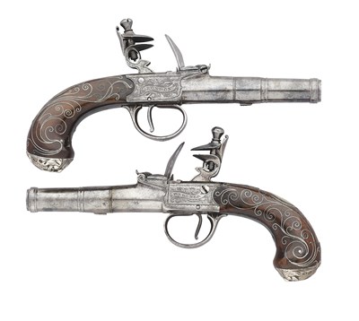 Lot 283 - A PAIR OF 60 BORE SILVER-MOUNTED FLINTLOCK POCKET PISTOLS BY ARCHER, PRIVATE PROOF MARKS, BIRMINGHAM 1777, MARK OF CHARLES FREETH