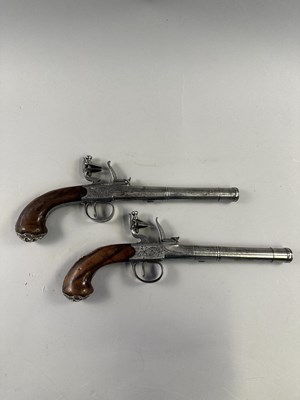 Lot 284 - A PAIR OF 22 BORE SILVER-MOUNTED FLINTLOCK TURN-OFF PISTOLS SIGNED WHATELY, PRIVATE PROOF MARKS, BIRMINGHAM SILVER MARKS, MAKERS MARK OF CHARLES FREETH, CIRCA 1770