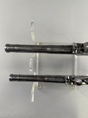 Lot 284 - A PAIR OF 22 BORE SILVER-MOUNTED FLINTLOCK TURN-OFF PISTOLS SIGNED WHATELY, PRIVATE PROOF MARKS, BIRMINGHAM SILVER MARKS, MAKERS MARK OF CHARLES FREETH, CIRCA 1770