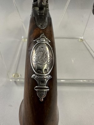 Lot 284 - A PAIR OF 22 BORE SILVER-MOUNTED FLINTLOCK TURN-OFF PISTOLS SIGNED WHATELY, PRIVATE PROOF MARKS, BIRMINGHAM SILVER MARKS, MAKERS MARK OF CHARLES FREETH, CIRCA 1770