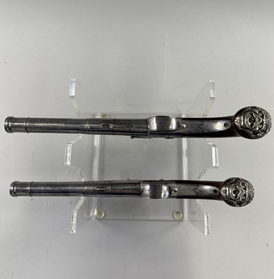 Lot 284 - A PAIR OF 22 BORE SILVER-MOUNTED FLINTLOCK TURN-OFF PISTOLS SIGNED WHATELY, PRIVATE PROOF MARKS, BIRMINGHAM SILVER MARKS, MAKERS MARK OF CHARLES FREETH, CIRCA 1770