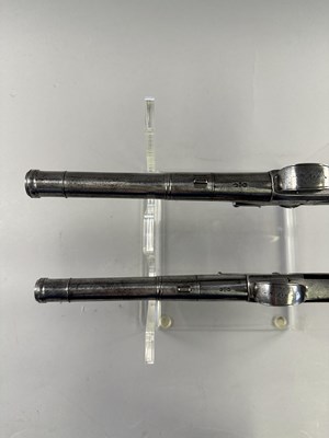 Lot 284 - A PAIR OF 22 BORE SILVER-MOUNTED FLINTLOCK TURN-OFF PISTOLS SIGNED WHATELY, PRIVATE PROOF MARKS, BIRMINGHAM SILVER MARKS, MAKERS MARK OF CHARLES FREETH, CIRCA 1770