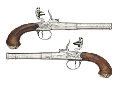 Lot 284 - A PAIR OF 22 BORE SILVER-MOUNTED FLINTLOCK TURN-OFF PISTOLS SIGNED WHATELY, PRIVATE PROOF MARKS, BIRMINGHAM SILVER MARKS, MAKERS MARK OF CHARLES FREETH, CIRCA 1770