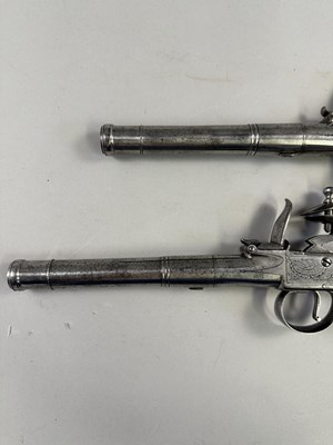 Lot 284 - A PAIR OF 22 BORE SILVER-MOUNTED FLINTLOCK TURN-OFF PISTOLS SIGNED WHATELY, PRIVATE PROOF MARKS, BIRMINGHAM SILVER MARKS, MAKERS MARK OF CHARLES FREETH, CIRCA 1770