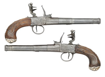 Lot 281 - A PAIR OF 20 BORE SILVER-MOUNTED FLINTLOCK TURN-OFF PISTOLS BY GRIFFIN, LONDON, LONDON VIEW AND PROOF MARKS, FOREIGNERS MARK, CIRCA 1760, MAKER'S MARK JA PROBABLY FOR JERMIAH ASHLEY