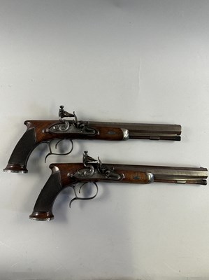 Lot 280 - A PAIR OF 40 BORE FLINTLOCK SAW-HANDLED DUELLING PISTOLS BY JOHN (1) PROSSER, CHARING CROSS, LONDON SILVER MARKS FOR 1809