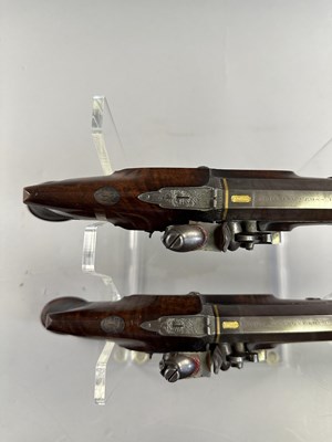 Lot 280 - A PAIR OF 40 BORE FLINTLOCK SAW-HANDLED DUELLING PISTOLS BY JOHN (1) PROSSER, CHARING CROSS, LONDON SILVER MARKS FOR 1809