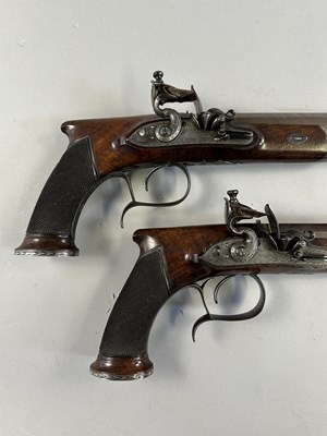 Lot 280 - A PAIR OF 40 BORE FLINTLOCK SAW-HANDLED DUELLING PISTOLS BY JOHN (1) PROSSER, CHARING CROSS, LONDON SILVER MARKS FOR 1809