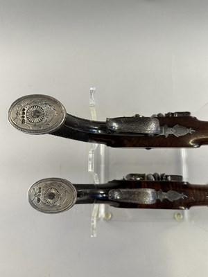 Lot 280 - A PAIR OF 40 BORE FLINTLOCK SAW-HANDLED DUELLING PISTOLS BY JOHN (1) PROSSER, CHARING CROSS, LONDON SILVER MARKS FOR 1809