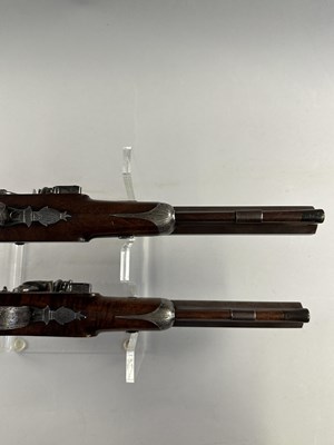 Lot 280 - A PAIR OF 40 BORE FLINTLOCK SAW-HANDLED DUELLING PISTOLS BY JOHN (1) PROSSER, CHARING CROSS, LONDON SILVER MARKS FOR 1809