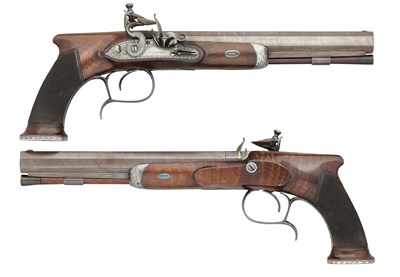 Lot 280 - A PAIR OF 40 BORE FLINTLOCK SAW-HANDLED DUELLING PISTOLS BY JOHN (1) PROSSER, CHARING CROSS, LONDON SILVER MARKS FOR 1809