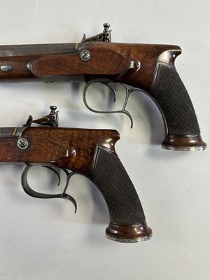 Lot 280 - A PAIR OF 40 BORE FLINTLOCK SAW-HANDLED DUELLING PISTOLS BY JOHN (1) PROSSER, CHARING CROSS, LONDON SILVER MARKS FOR 1809