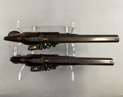 Lot 280 - A PAIR OF 40 BORE FLINTLOCK SAW-HANDLED DUELLING PISTOLS BY JOHN (1) PROSSER, CHARING CROSS, LONDON SILVER MARKS FOR 1809