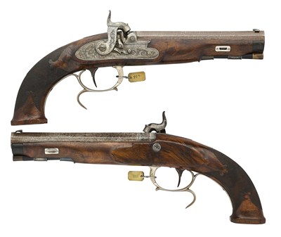 Lot 286 - A PAIR OF 34 BORE NORTH GERMAN SILVER-MOUNTED PERCUSSION RIFLED TARGET PISTOLS IN THE FRENCH TASTE MADE FOR WILHELM, DUKE OF BRUNSWICK AND LÜNEBURG (1806-1884), BY G.L. RASCH, CIRCA 1835-40