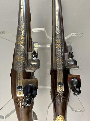Lot 294 - A FINE PAIR OF 16 BORE LIEGOIS FLINTLOCK HOLSTER PISTOLS BY JEAN JAQUES BEHR, CIRCA 1720-30